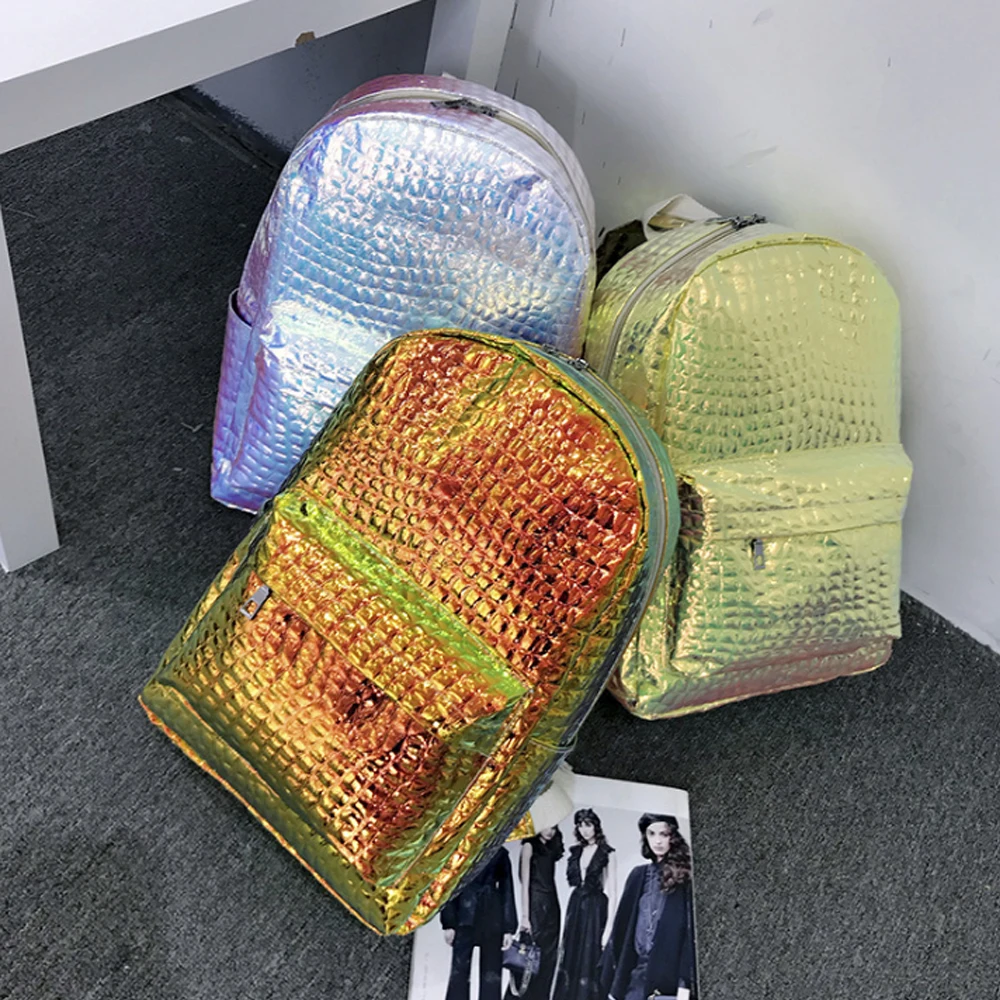 

New Fashion Women Bag Female PU Leather Laser Backpack Ptgirl Teenager Holographic Schoolbag Travel Pack Bags mochila escolar