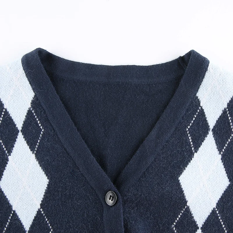 

Preppy Style Argyle Plaid Buttons Cardigan Womens Sweaters Fall 2020 Korean Fashion Long Sleeve Cropped Knitwear Tops