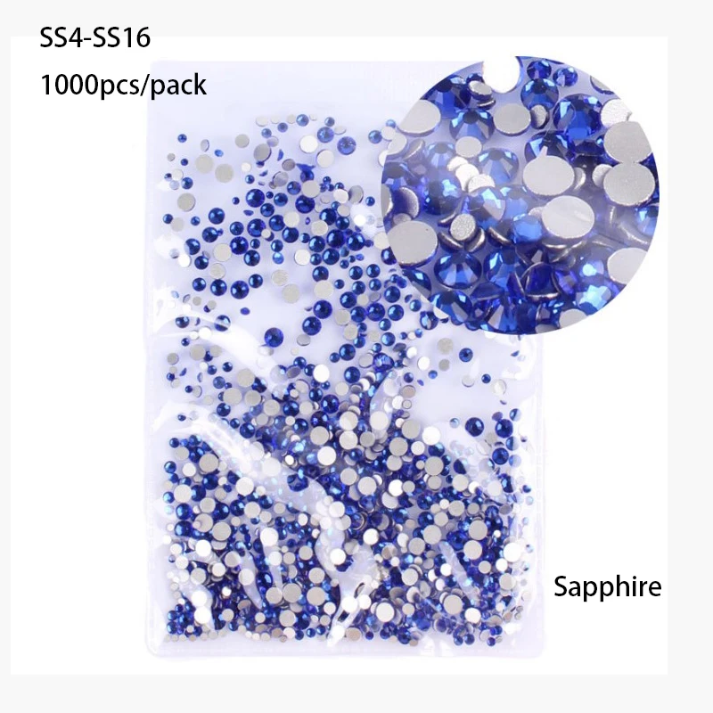 Sapphire 1000pcs SS3-SS30 Супер Блестящий Кристалл AB аксессуары плоская задняя сторона стекло Хамелеон Стразы для ногтей для шармов 3D украшения для ногтей - Цвет: Sapphire 1000pcs