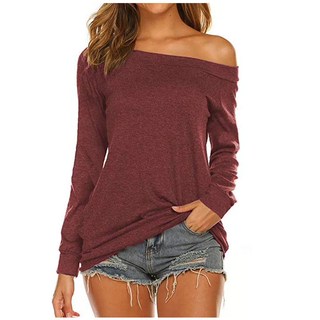 Women Off Shoulder Harajuku Tshirt Long Sleeve Shirt Tunic Tops Solid Color T-shirt Spring Streetwear Ladies Top | Женская одежда
