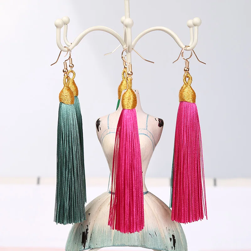 BTWGL модные богемные длинные серьги с кисточками из сплава белые красные шелковые