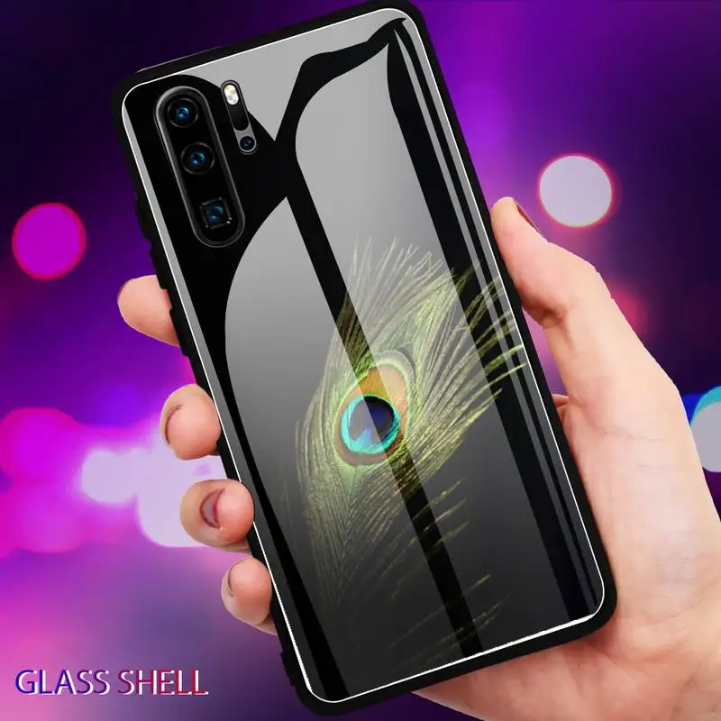 

Green Peacock Feather Phone Case Glass For Huawei P30 Lite 20 Por P9 10 Mate 10 9 Honor 8 X 9 10 NOVA 5 Cover