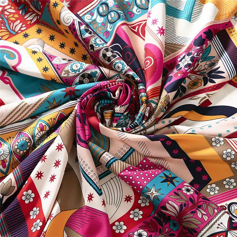 

2021 New Designer 100% Twill Silk Scarf for women Flower Print Square Scarf Elegant ladies shawls & wraps female Bandanas