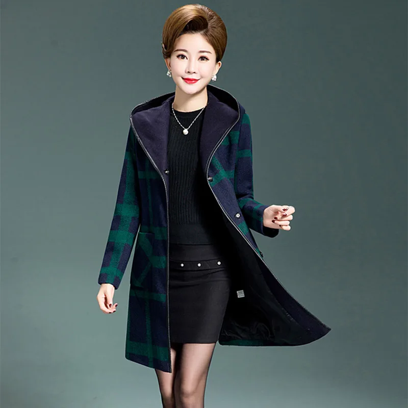 

Plus Size Clothing women's Woolen Coat Autumn and Winter Ladies Loose Hooded Windbreaker Long Plaid Jacket Feminino Casaco f2026