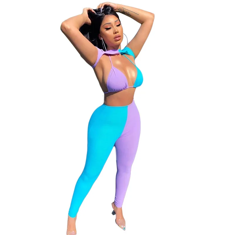 Женский спортивный костюм облегающий эластичный без рукавов с укороченным топом