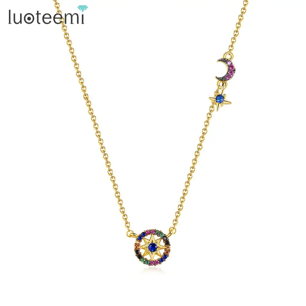 

LUOTEEMI греческая Длинная цепочка с подвеской ожерелье Луна и звезда несколько цветов CZ камень романтическая цепочка Мода 2020 женские ювелирны...