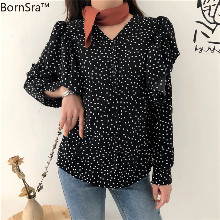 

BornSra New 2020 Women Spring Summer Blouse Shirts V-Neck Single Breasted Dot Casual Butterfly Sleeve Chiffon Red Tops