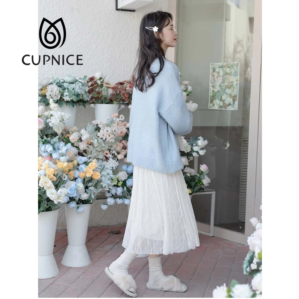 

Новый вязаный костюм CUPNICE для осени/зимы 2021 Небесно-Голубой свитер и двусторонняя газовая юбка Милая японская Свежая Элегантная для девушек