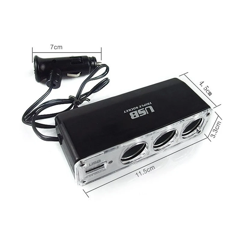 

Universal 3 Way Multi Socket Car Cigarette Lighter Splitter USB Plug Charger DC 12V/24V Adapter with USB Port 11.5x 4.55x3.5cm