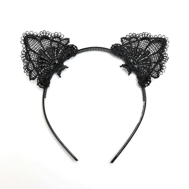 Женская Тиара для волос с кошачьими ушками Черная Кружевная повязка на голову в