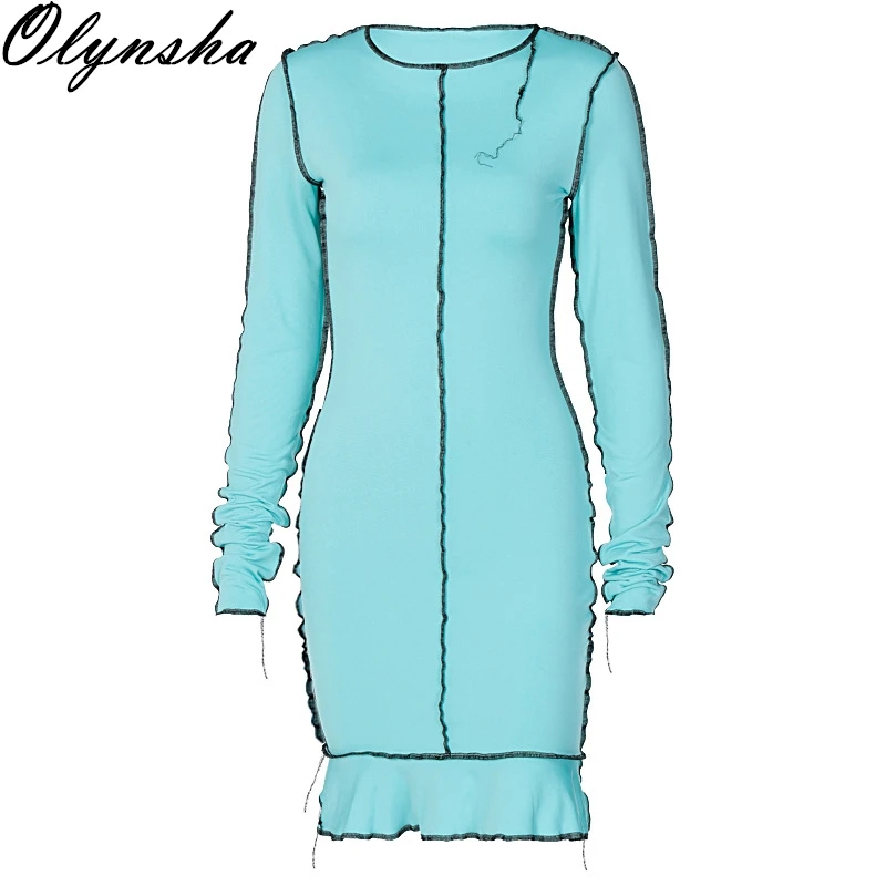 

Fashion Splice Bodycon Mini Dress Woman Long Sleeve O Neck Slim Dresses 2020 Autumn Streetwear Dress Package Hips Ruffles Dress