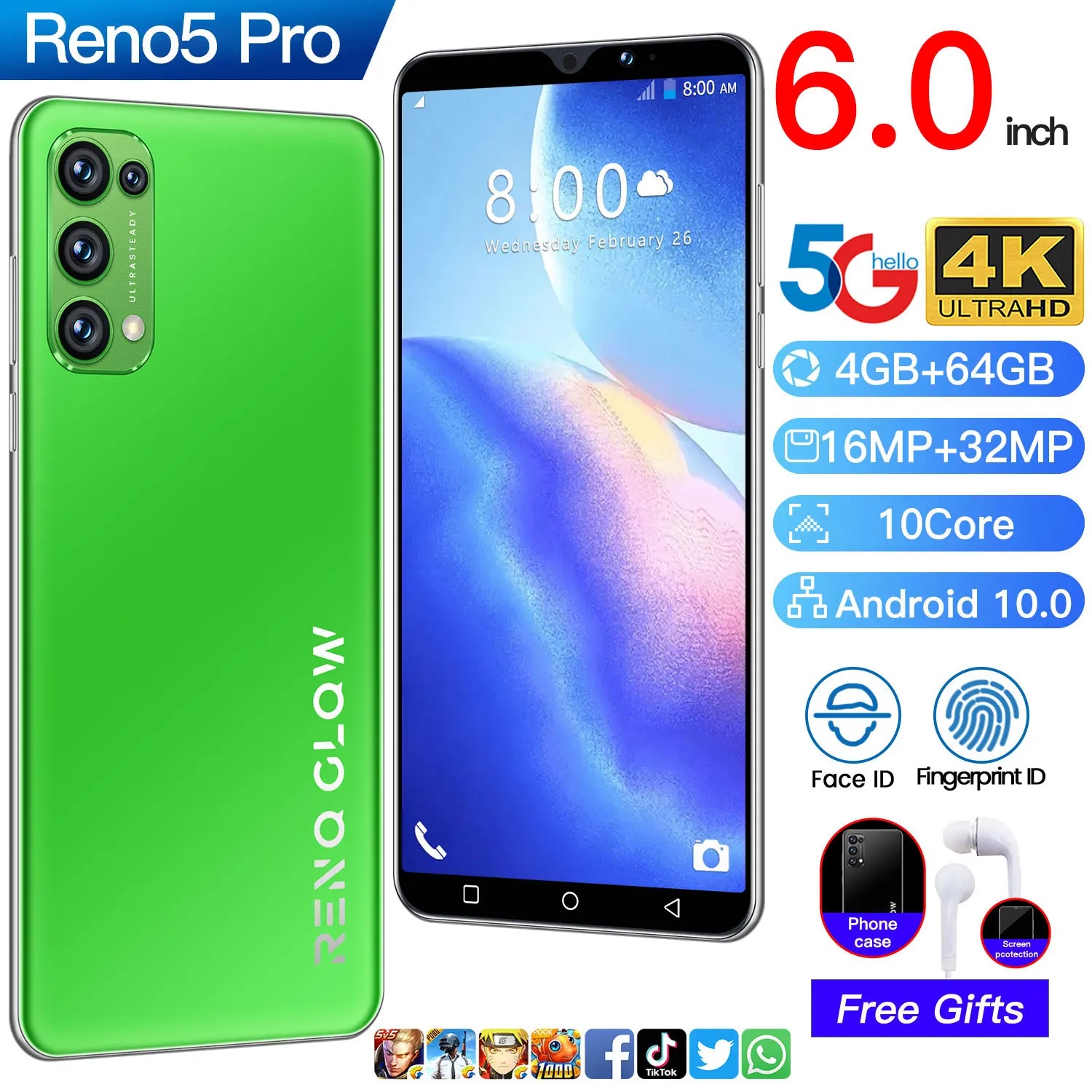 

New Reno5 pro Smartphone 6.0 inch Screen MTK6889 Android 10.0 Dual Sim Cards Standby cellphone16MP+32MP 4+64GB mobilephone
