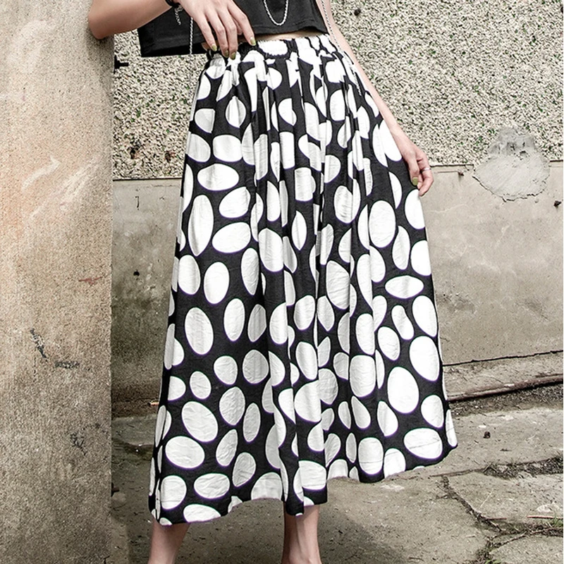 

Летние Для женщин юбка свободного кроя с ослабленной завышенной талией Длина волновой точки юбка А-силуэта в горошек размера плюс Винтаж па...