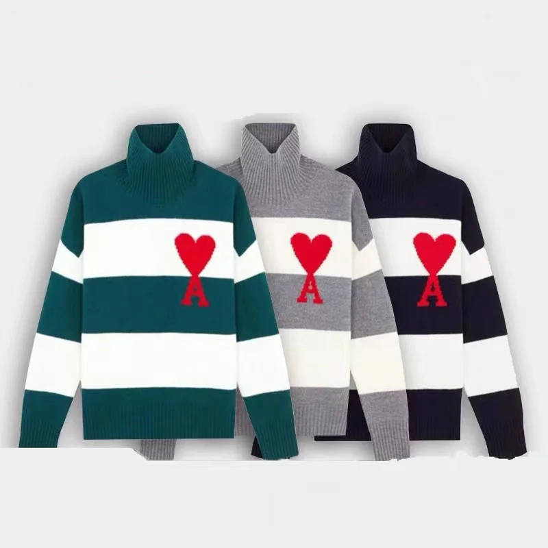 

Женская водолазка 2021 новый полосатый свитер с вышивкой love AMI корейская мода Harajuku Свободный пуловер кашемировый свитер унисекс