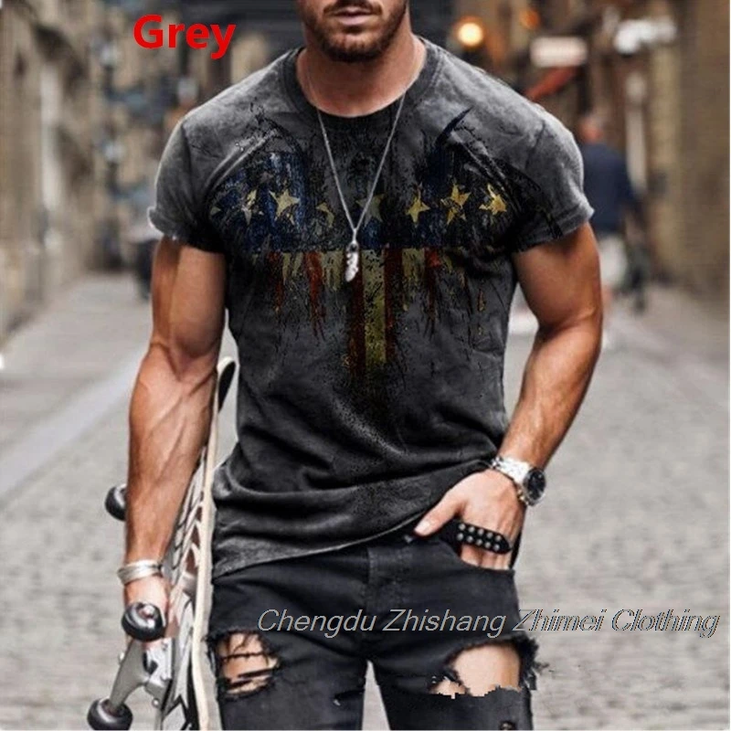 

2021 new hip hop retro old striped printing men's T-shirt popular street men's summer breathable oversized shirt
