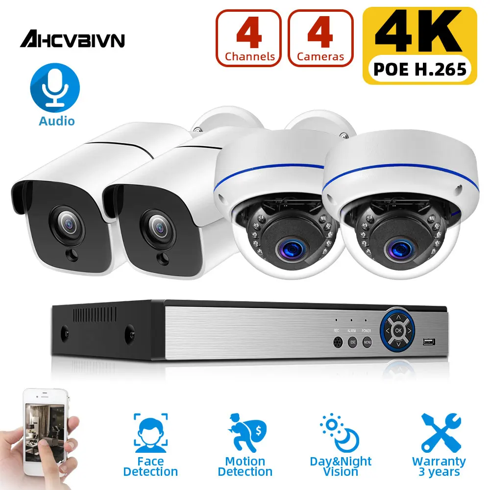 

4K Ultra HD 4CH POE NVR Kit H.265 CCTV IP аудио камера система безопасности 8MP IR наружный комплект видеонаблюдения с ночным видением