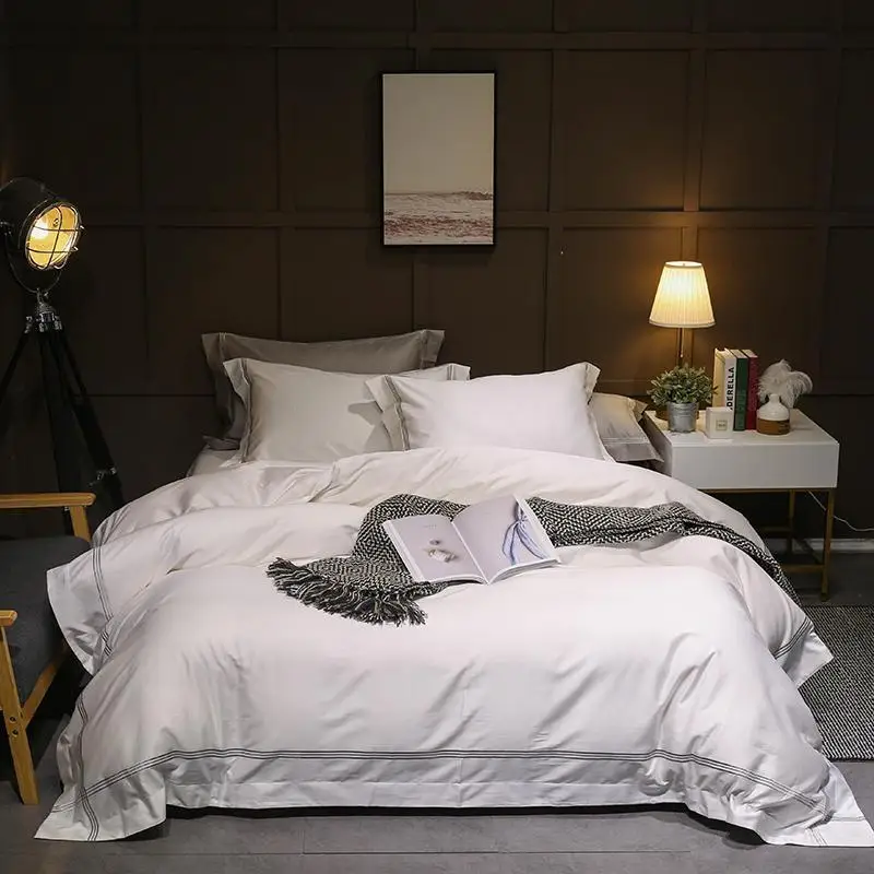 

40 Египетский хлопок белый серый комплект постельного белья Королева Король Комплект постельного белья простыня вышивка пододеяльник