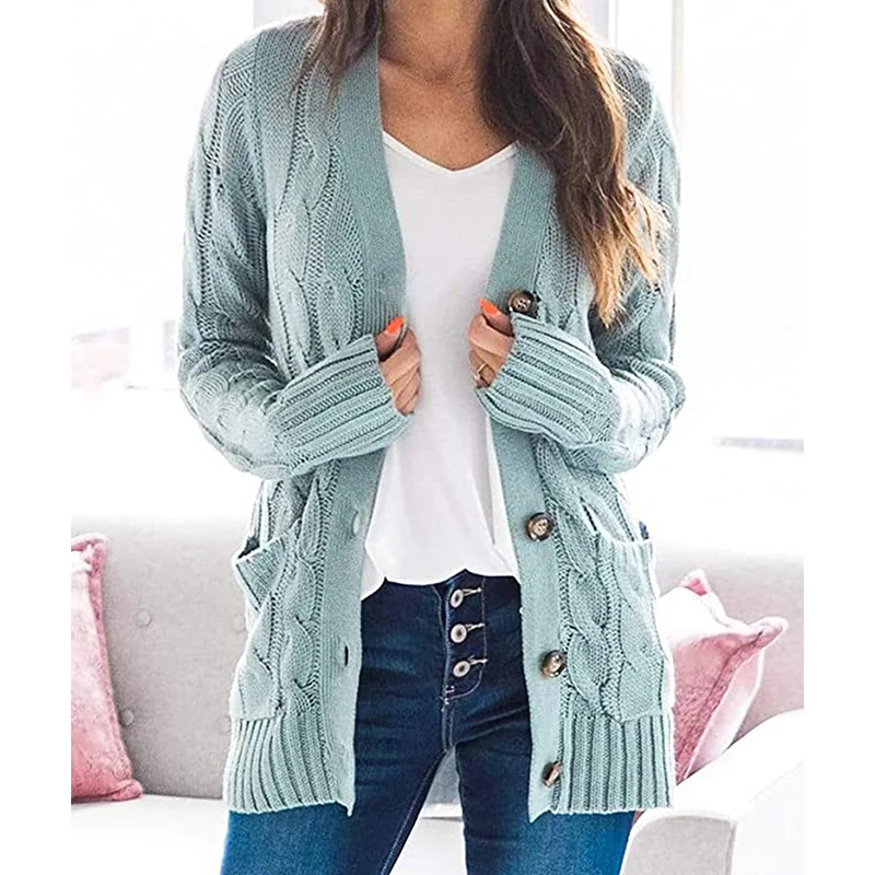 

Women Knitted Cardigans Sweater Coat Fashion Autumn Winter Long Sleeve Loose Coat Casual Button V Neck Solid Female Tops Twist