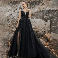 sexy black gothic a line wedding dresses 2021 boho scoop neck high split lace appliques bridal gowns retro vestidos de noivas