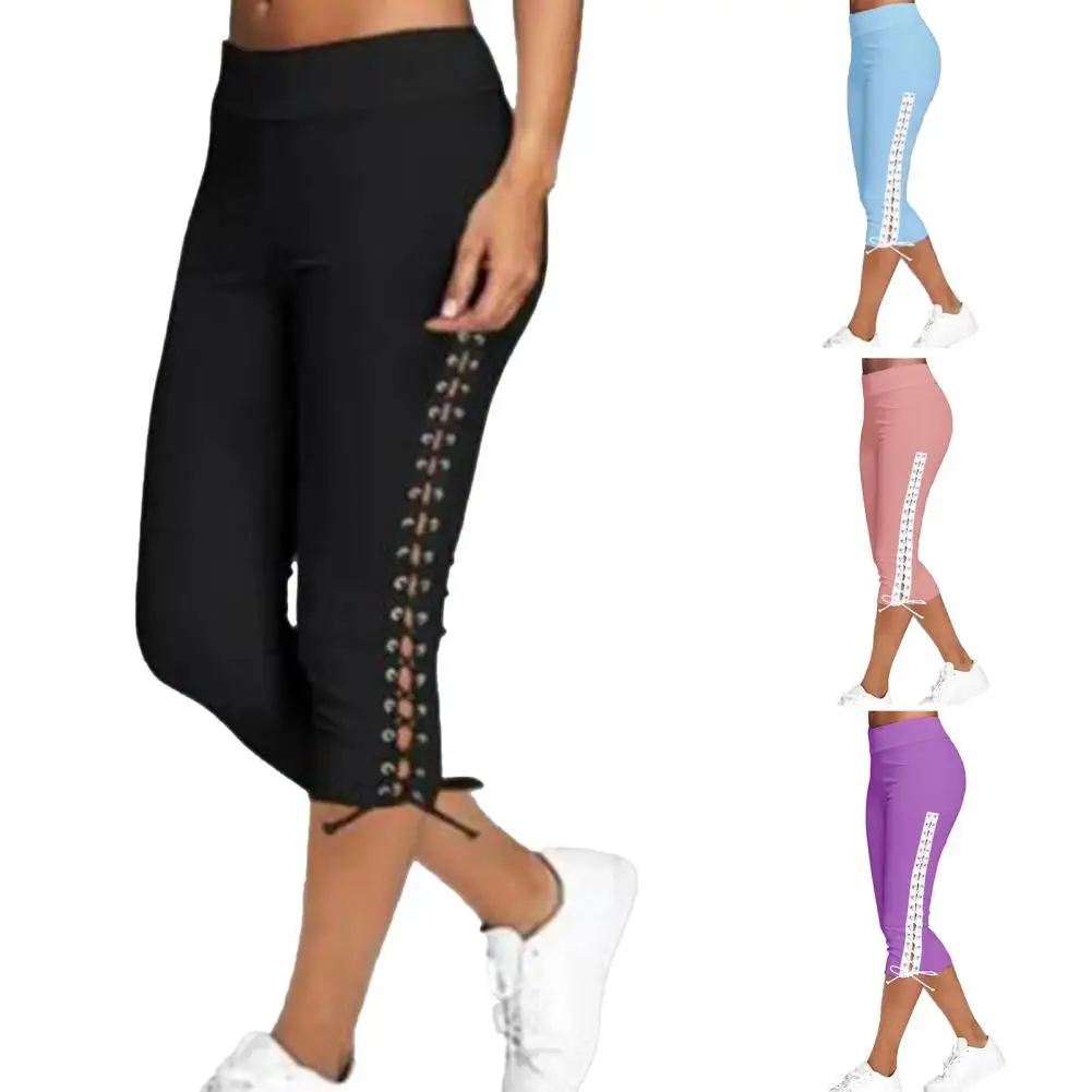 

Брюки-Капри женские спортивные однотонные, дышащие ажурные штаны с боковой шнуровкой, облегающие брюки с завышенной талией, повседневная о...