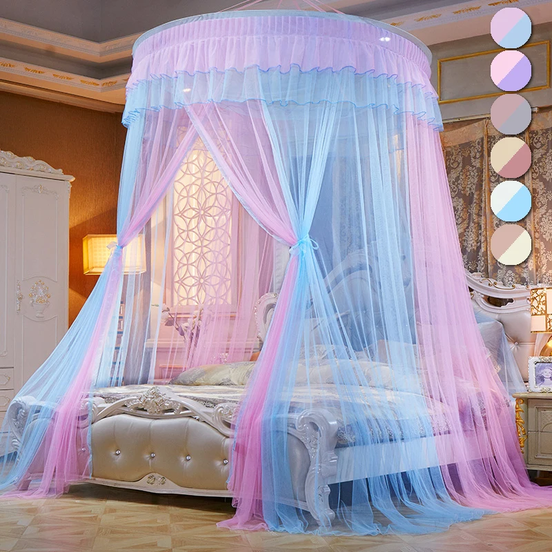 Two-tone Princess Lace Foldable Dome with Hook Mosquito Bed Canopy with Hook Ceiling Tent Single Door Floor-Length Curtain D30