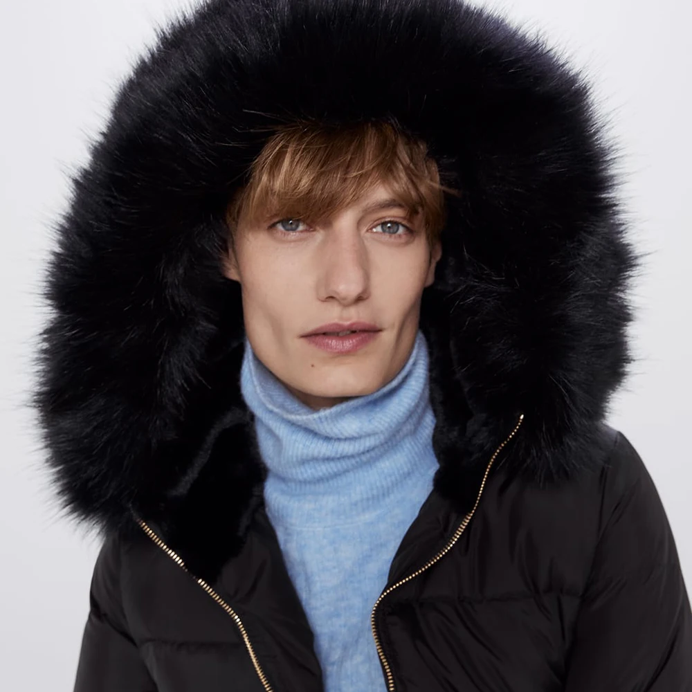 ZA Женская Двухцветная зимняя хлопковая одежда Повседневная С Капюшоном