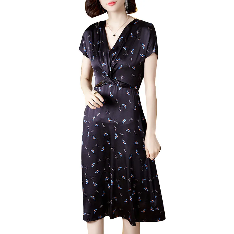 

Women's Spring Summer Style Dress Women's Printed V-neck Draped Short Sleeve Elegant Slim Dress SS1842