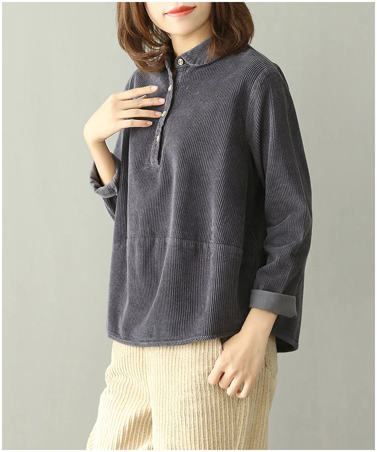 Autumn Winter Women Corduroy Shirts Button Peter Pan Collar Long Sleeve All-Match Solid Color Tops Blouses Female Sleeved | Женская