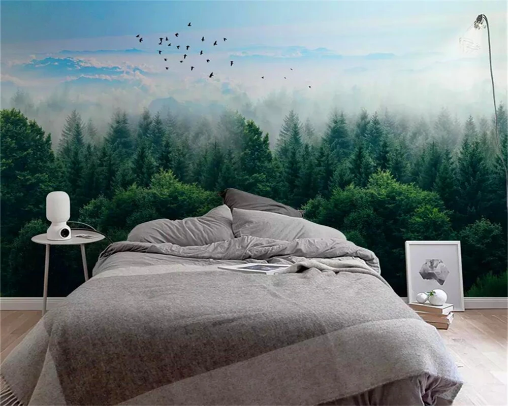 Custom wallpaper mural simple and stylish Nordic minimalist misty forest distant mountain birds background wall | Обустройство дома