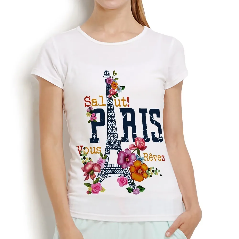 Cute Paris Eiffel Tower Tshirt Women Summer New White Casual Creative Femme High Definition No Glue Print T Shirt | Женская одежда