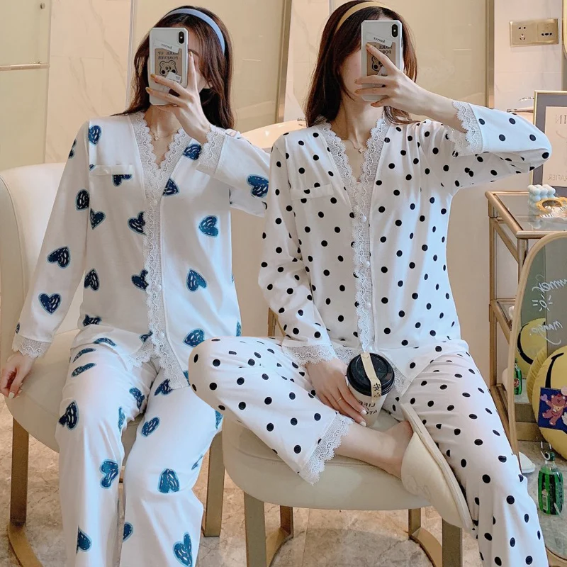 

2020 Autumn Cotton Print Long Sleeve Pajama Sets Women Cute Lace V-neck Sleepwear Suit Pyjama Homewear Pijama Mujer Home Clothes