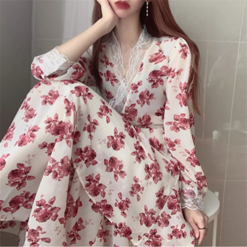 Платье BGTEEVER женское кружевное с V-образным вырезом и цветочным принтом шифоновое