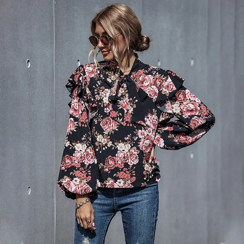 Lady Bow Shirt Women Blouse Floral Fashioni Chiffon Shirt Top Autumn Women Tops Puff Long Sleeve Black Casual O-neck Slim Fit