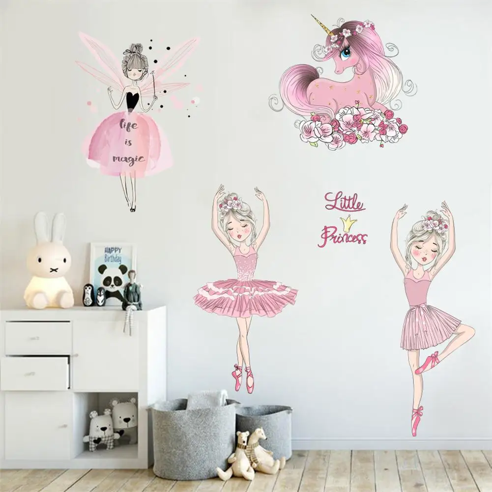 Fairy Princess Unicorn Wall Stickers for Children Kids Rooms Girls Baby Room Bedroom Decoration Nursery Wallpaper Ballet Dancers