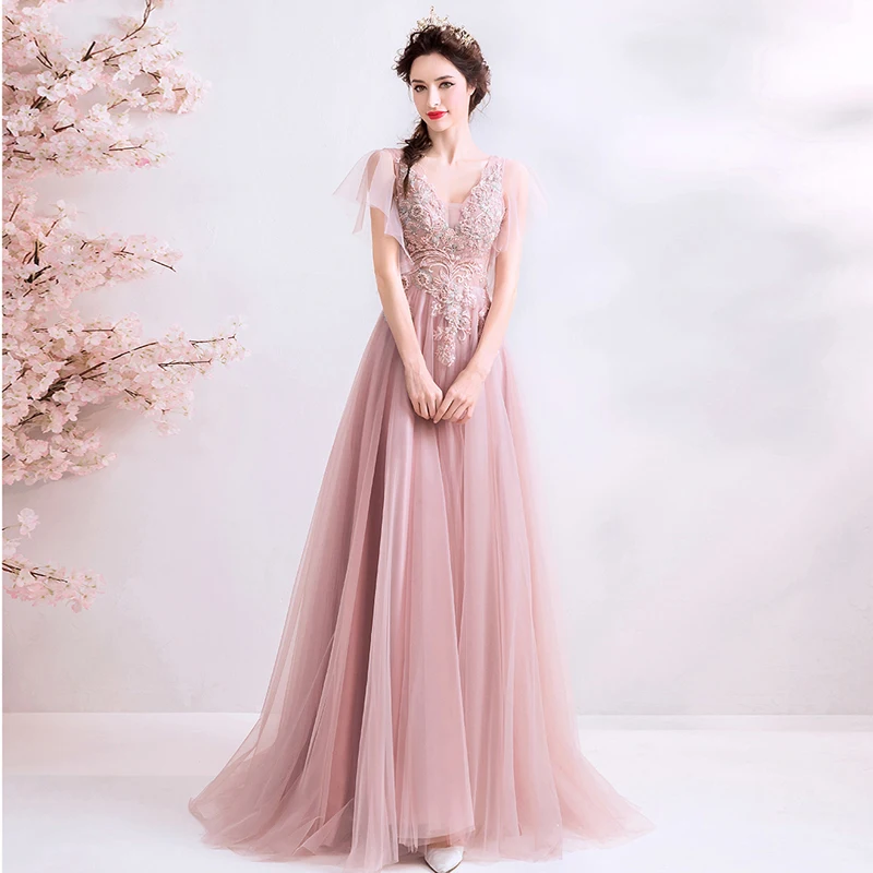 2021 Новый Праздничное платье с низким вырезом на спине розовое кружевное v