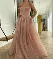 2021 elegant shiny sweetheart spaghetti straps sandy pink bead sequin pocket tulle a line prom dresses formal evening dress