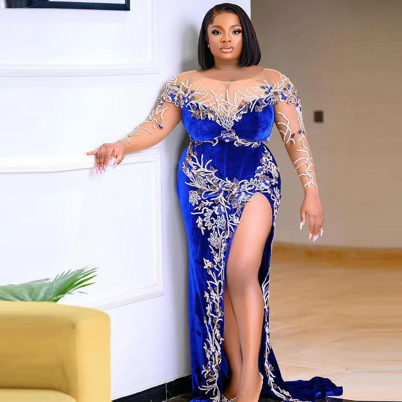 Синее велюровое платье для выпускного вечера Aso Ebi с длинным рукавом прозрачное