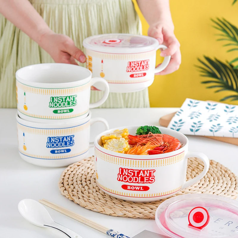 

800/1100ml Japanese Sealed Instant Noodle Bowl With Lid Ceramic Soup Cup Office Dormitory Bento Box Kitchen Salad Bowls