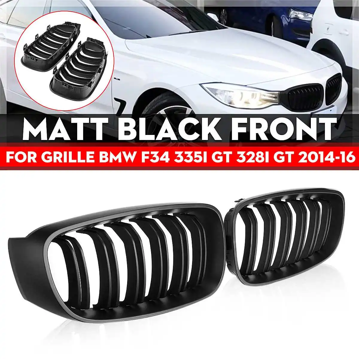

Pair Matte Black Gloss Black Car Auto Front Grille Dual Line For BMW F34 335i 328i 2014 2015 2016 Racing Grills