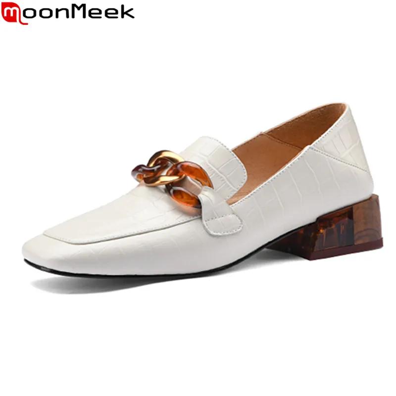 

MoonMeek 2021 New Arrival Fashion Women Pumps Genuine Leather Pumps Thick Heels Square Toe Office Dress Shoes Rice White