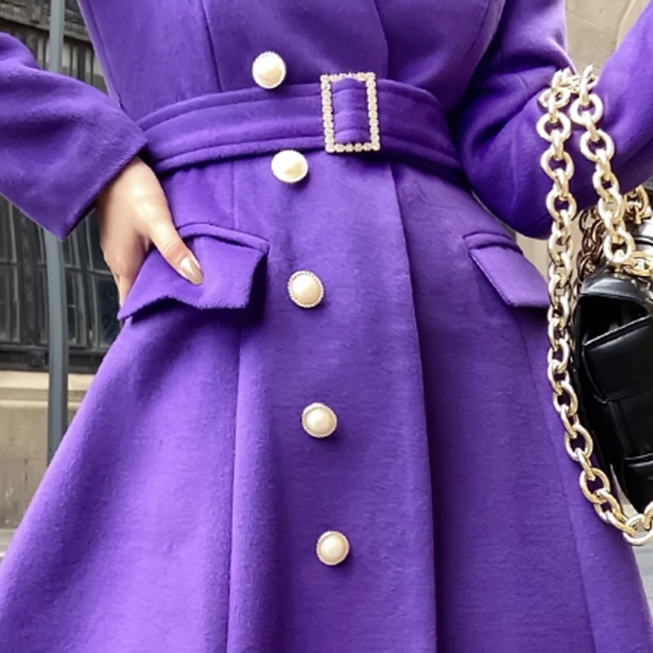

High Quality Women'S 2020 Winter Purple Padded Wool Coat Sexy V-Neck Long-Sleeved Single-Breasted Belt Slim Street Fashion Coat