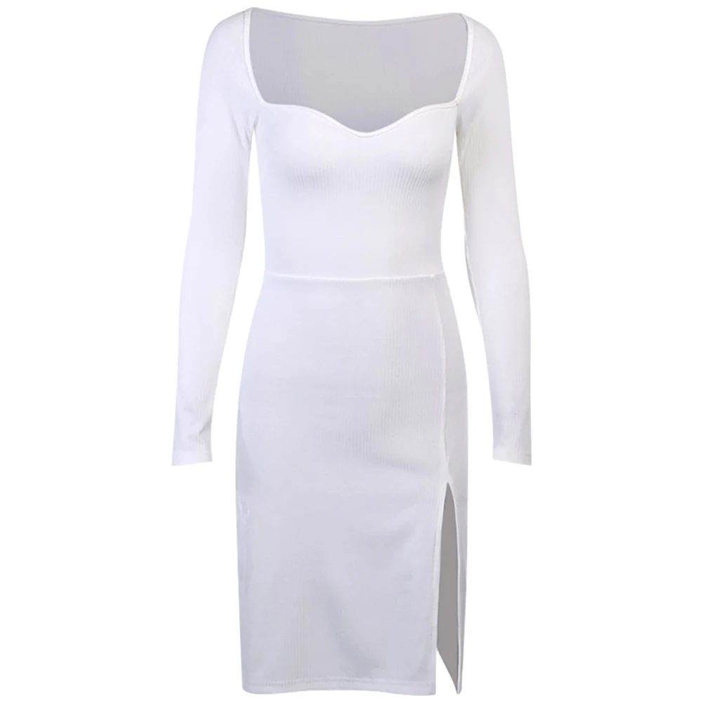 

Women Sexy Square Neck Long Sleeve Split Ribbed Ribbed Party Mini Bodycon Dress Slim Elegant Dress