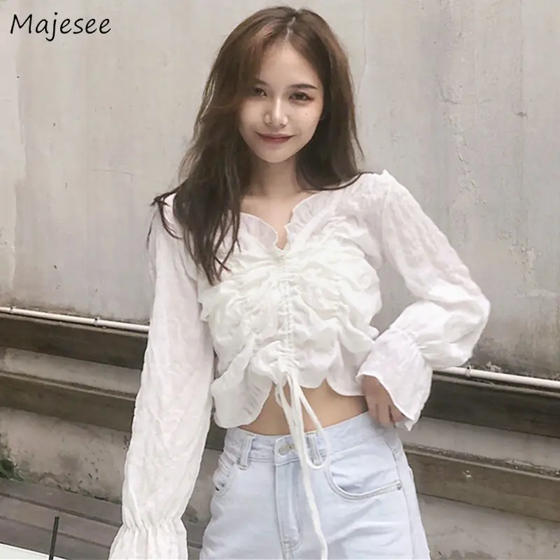 

Blouses Women Pure Color Cropped Shirring Spring Elegant Design Sweet Lovely College V-neck Romantic Holiday Ladies Retro Tender