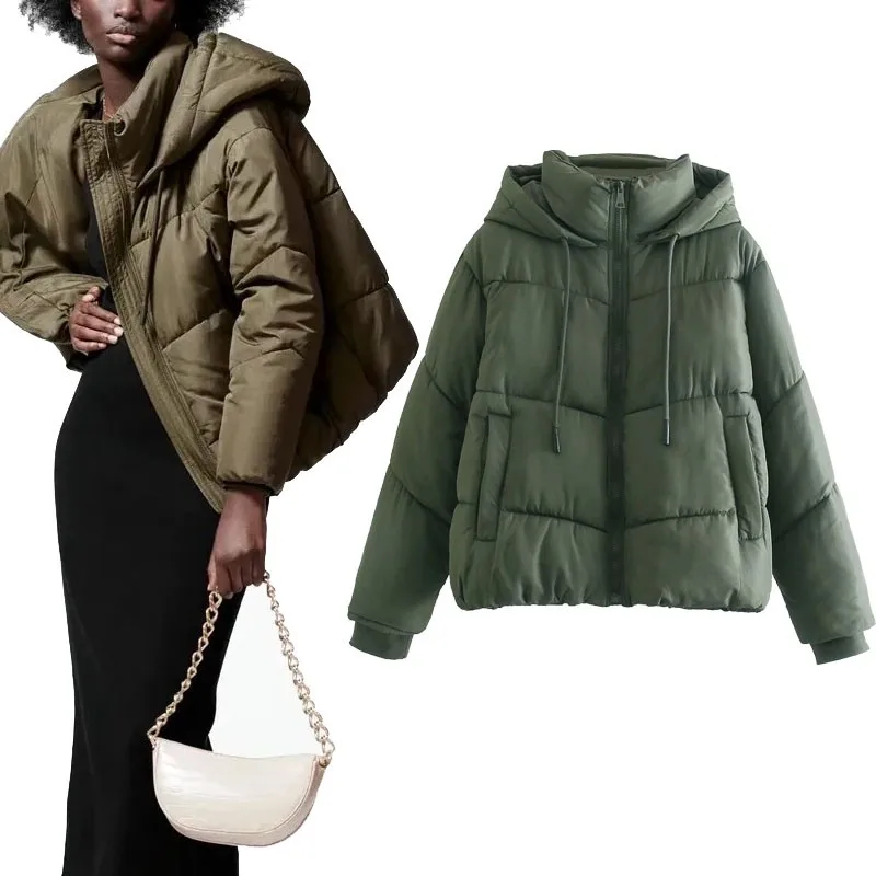 

Za Winter Warm Hooded Jacket Women Long Sleeve High Collar Loose Coat Zip Up Black Parkas Lady Water Repellent Outerwear Tops