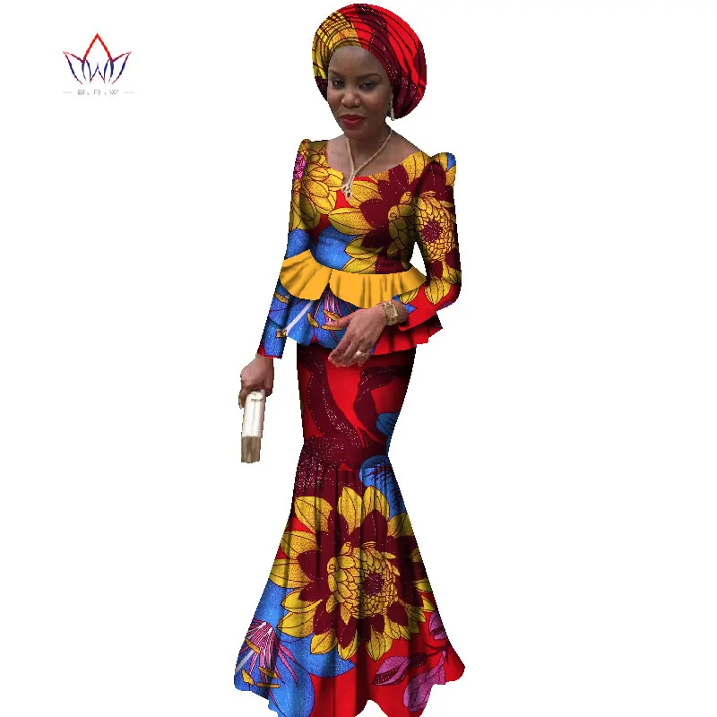 2021 New african dresses for women 2 pieces suit african traditional clothing dashiki robe femmes print cotton wax BRW WY1863