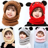 kids winter fuzzy plush balaclava hat cartoon panda rabbit windproof full cover earflap hood cap neck warmer scarf