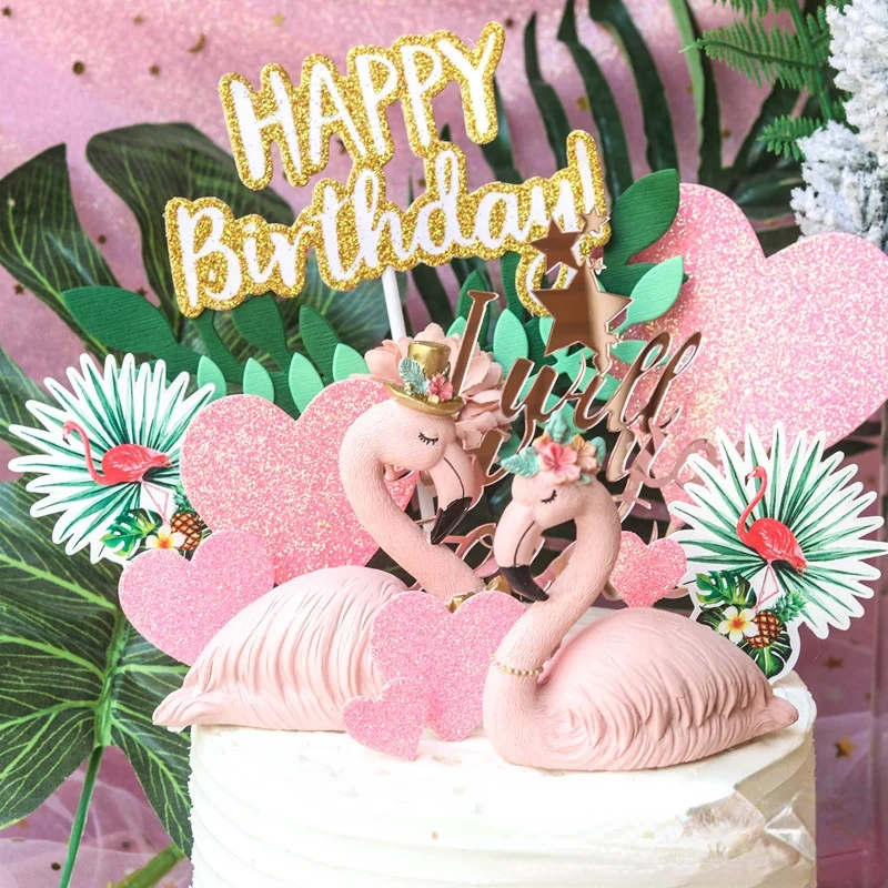

Flamingo Cake Toppers Hawaiian Tropical Wedding Cake Decoration Aloha Palm Leaf Cupcake Topper Birthday Party Favor Decor Girl