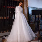 Арабское мусульманское свадебное платье, 2020 атласное ТРАПЕЦИЕВИДНОЕ платье невесты с высоким воротом, Винтажные белые элегантные свадебные платья