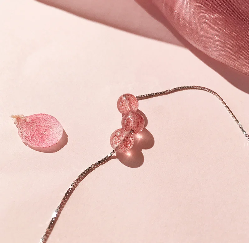 Серебряный цвет клубника кварцевый камень подвески ожерелье три круглых & бусы