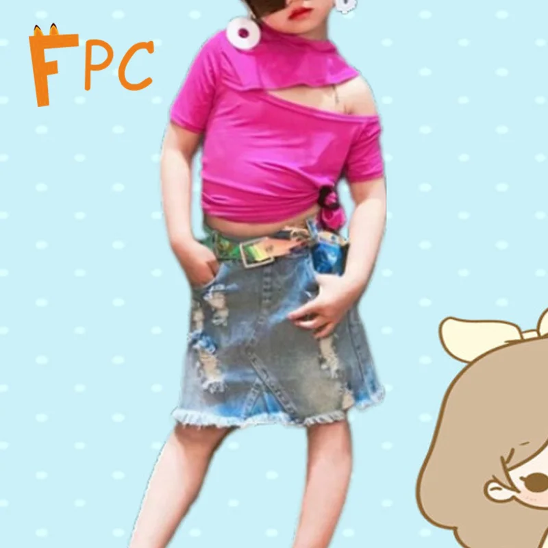 Комплект детской летней однотонной одежды с открытыми плечами топы джинсовая